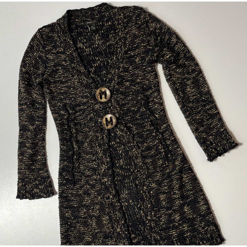 BCBG Maxazria Long Knit Cardigan Size M Black Brown Button y2k Fairycore Duster - Picture 1 of 6